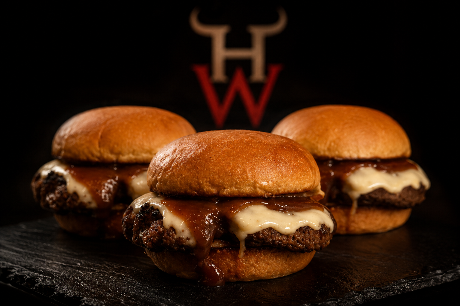 Editorial photograph of wagyu burgers on a dark slate surface