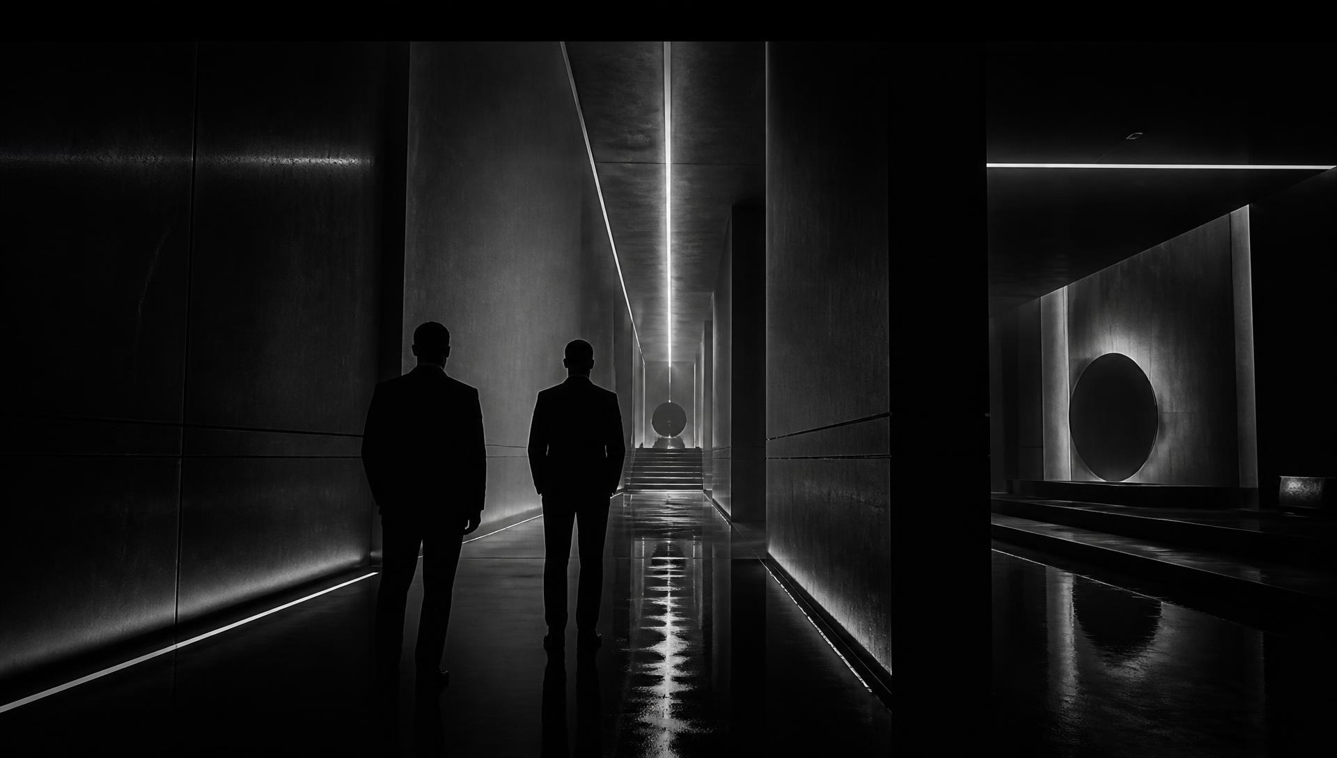 Two founders in tailored suits walking through a dark modernist corridor